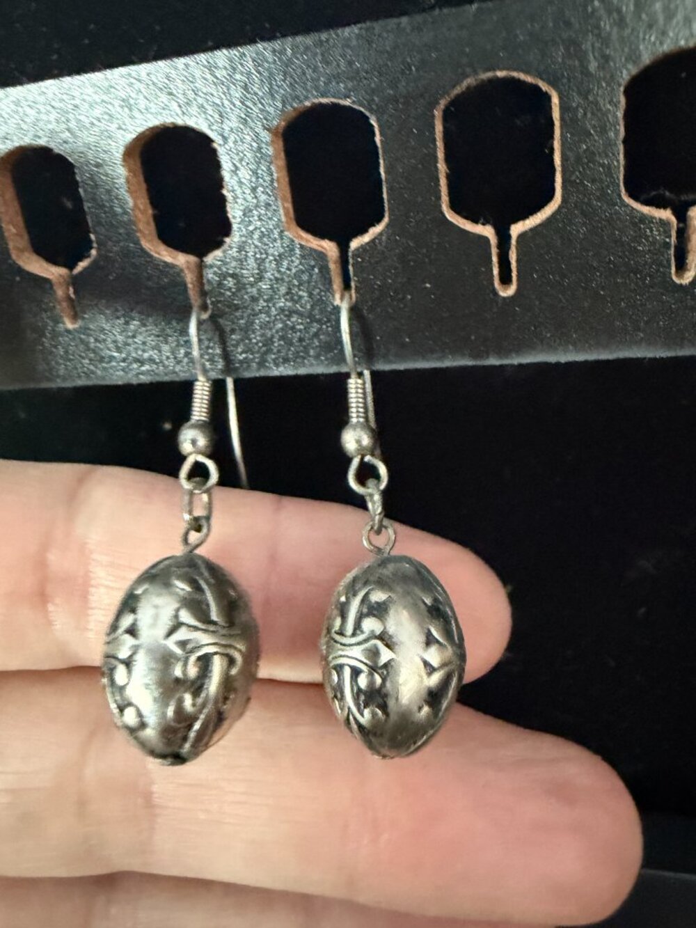 Vintage Old Silver Carved Decorated Egg Shaped Drop Earrings